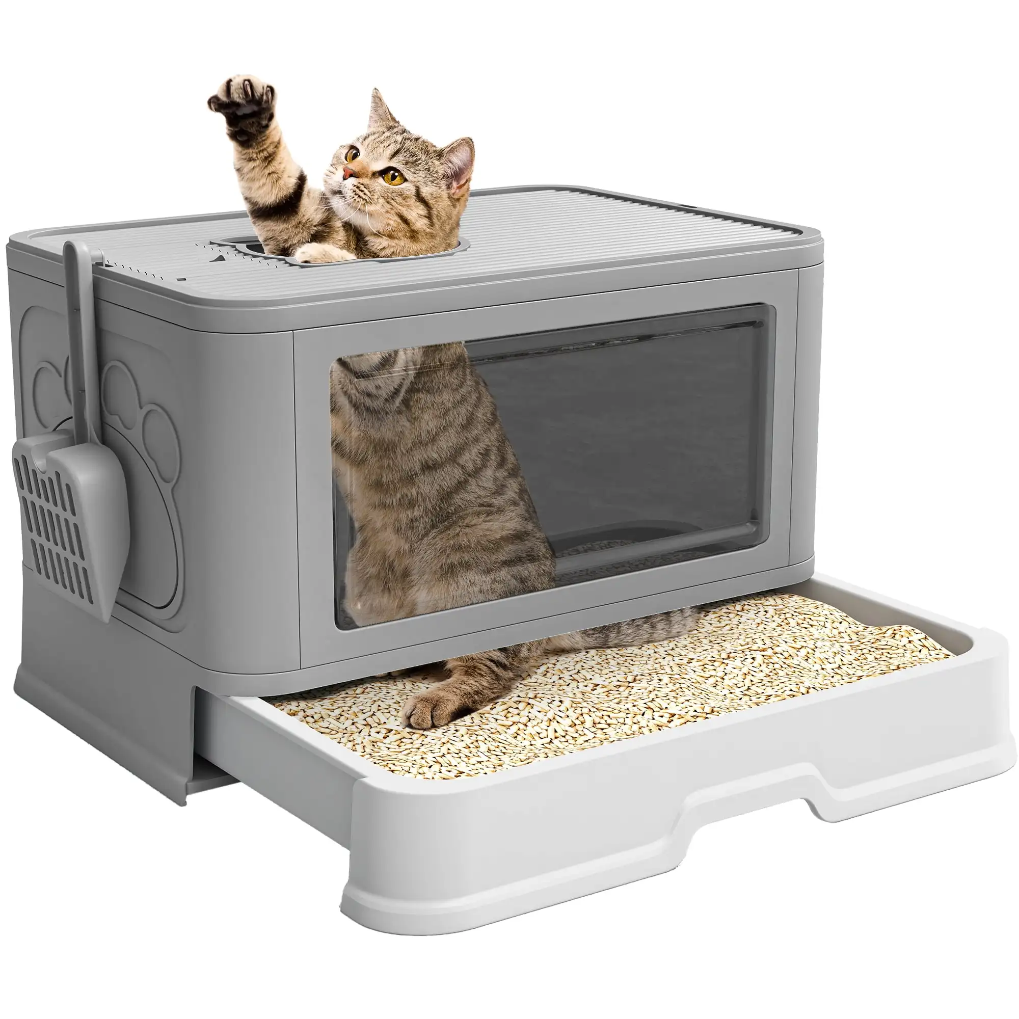 

Large Enclosed Cat Litter Box with Lid Drawer Type Easy to Clean,with Litter Scoop,Gray