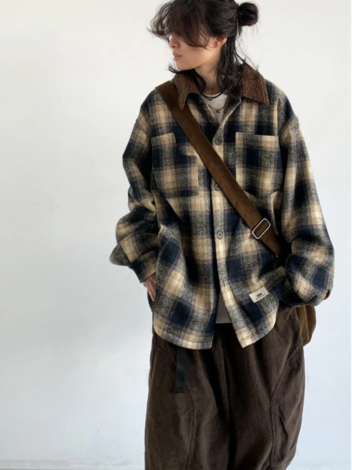 

Ретро-японская зимняя хлопковая куртка унисекс в стиле кэжуал, свободного кроя, в клетку, из овечьего вельвета, модная