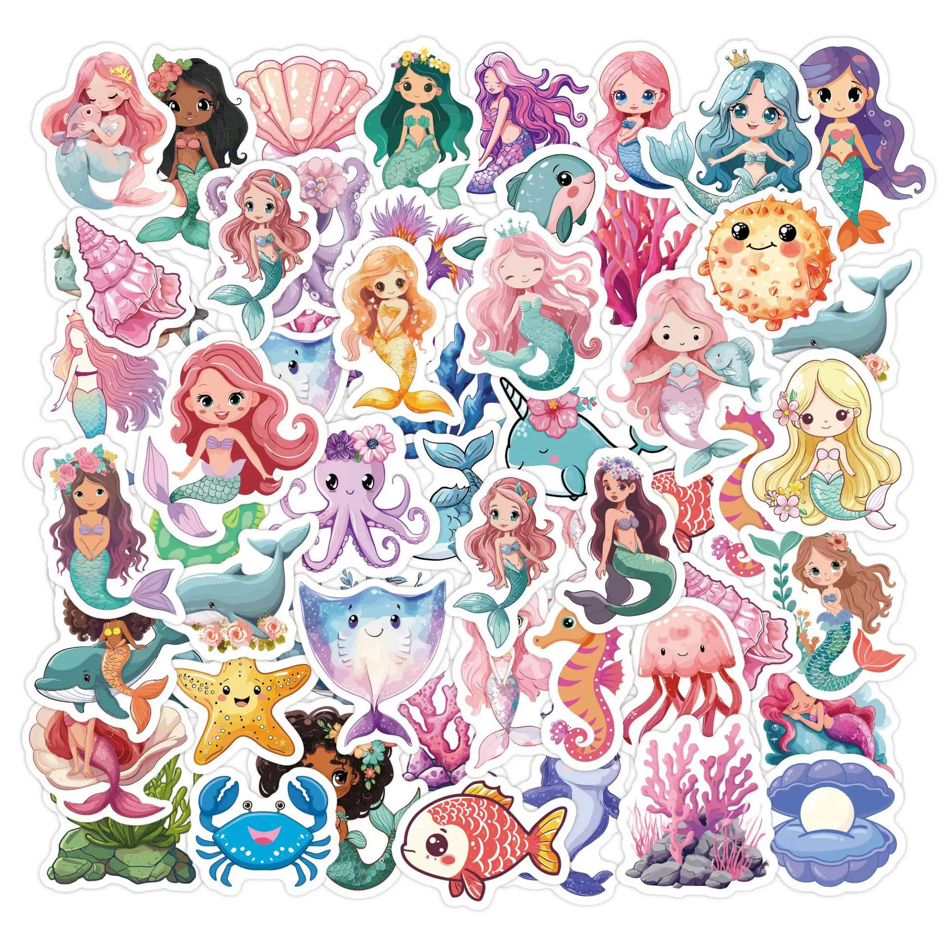 

50pcs Original mermaid princess stickers for children, waterproof cartoon graffiti luggage mermaid stickers