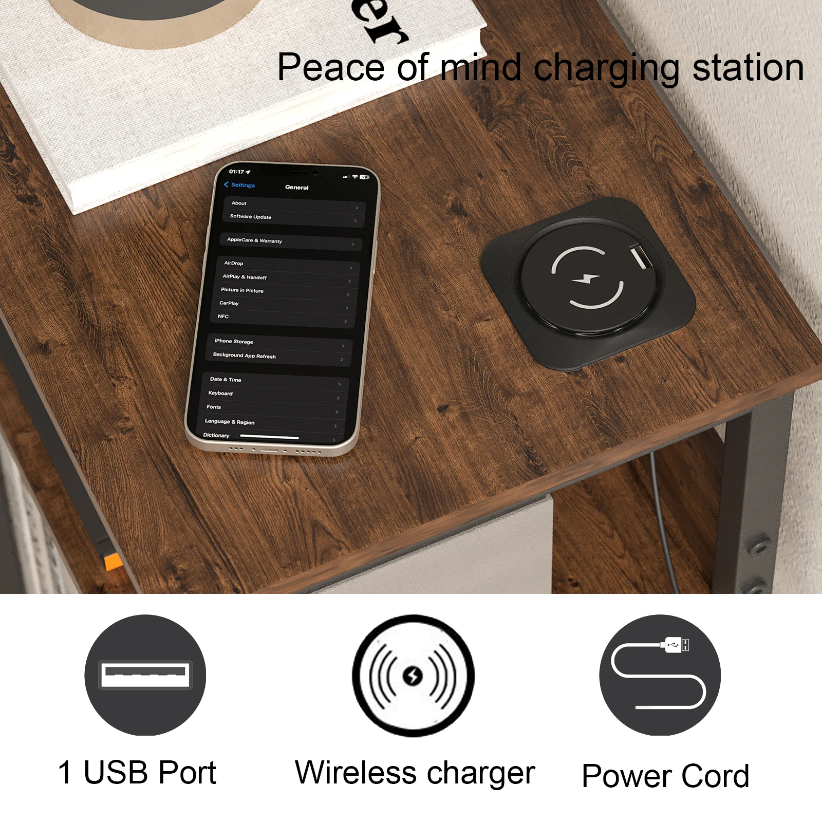 AnneFish Coffee Table with Wireless Charging And USB Ports Snack Sofa Table For Small Area Bedside Table for Living Room