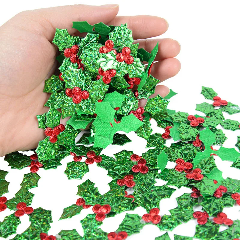 100pcs Glitter Fabric Red Berry Green Holly Leaves Appliques Christmas Decorations for Home Table Decoration Scrapbook DIY Craft