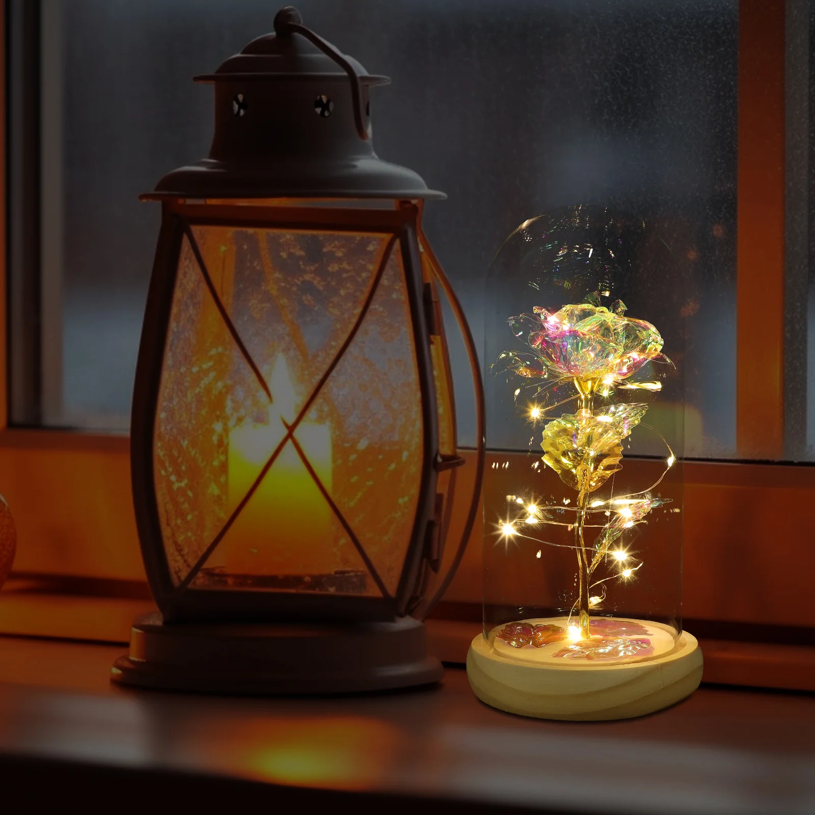 

Glass Dome LED Eternal Flower Artificial Rose Decoration Romantic Gift White Color Bedroom Living Room nament Valentine