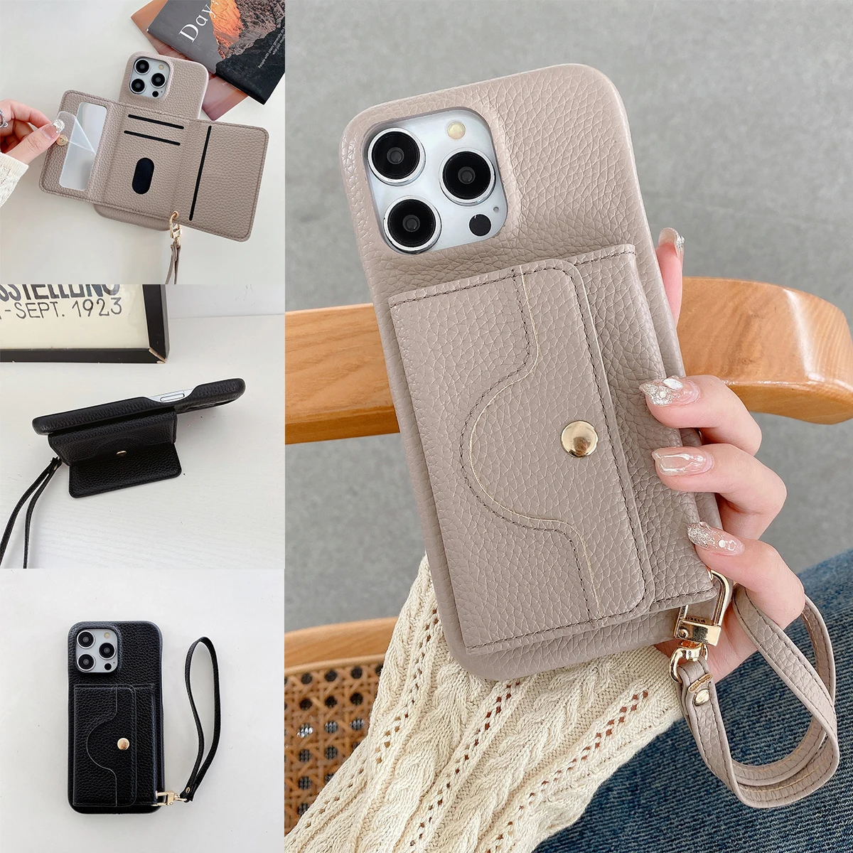 Luxury Litchi Peel Pattern PU Leather Case For iPhone 15 14 13 12 11 Pro Max Small Mirror Card Holder Lanyard Wallet Cover