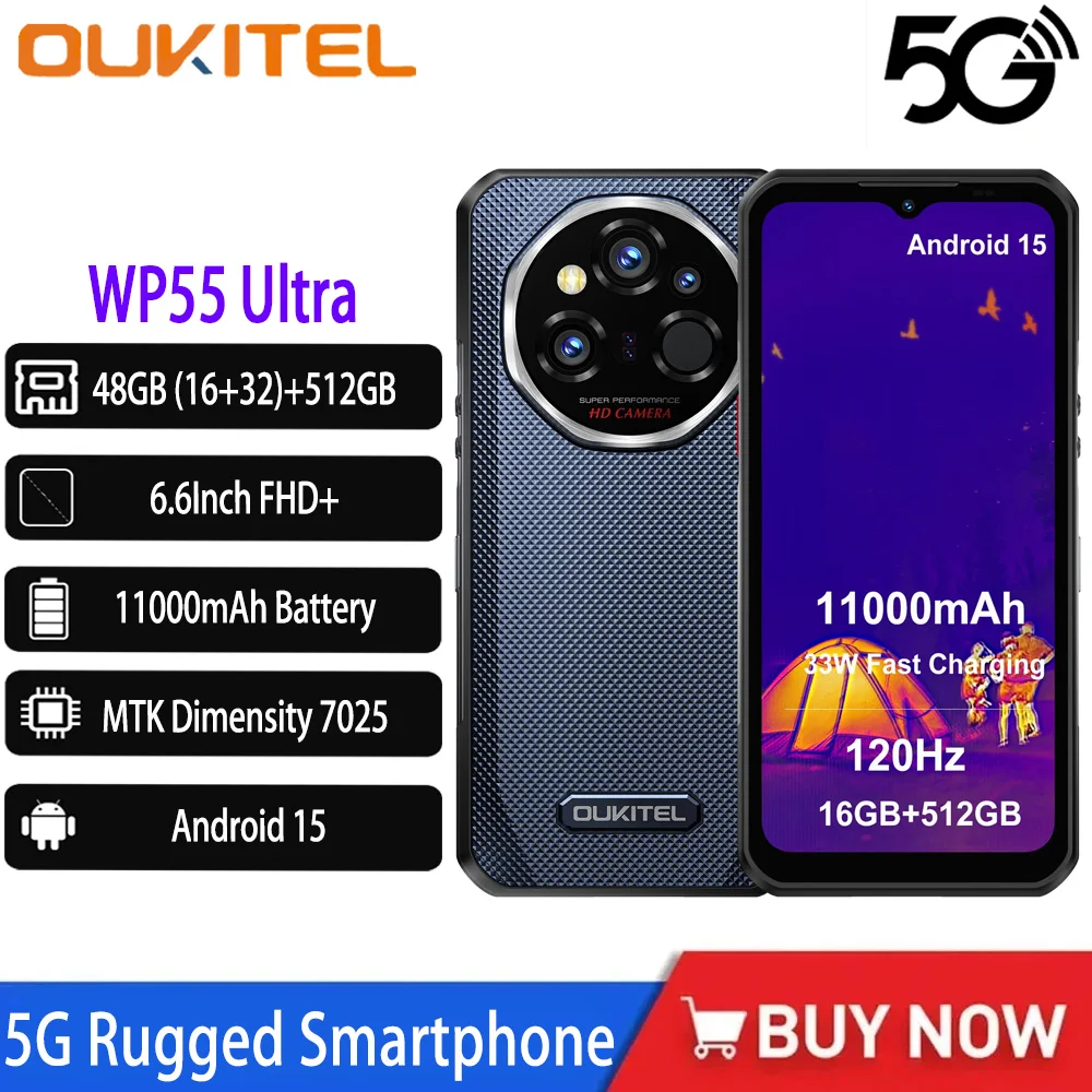 OUKITEL WP55 Ultra Rugged Smartphone Android 15 Thermal Imaging Phone 48GB+512GB 11000mAh 108MP 6.6“ 5G NFC OTA Support Phone