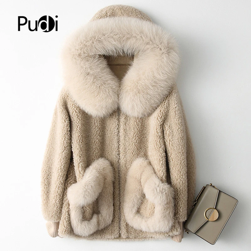 PUDI A18103 Frauen Winter Wolle Warme Echt Fox Pelz Kapuze Mantel Dame Echte Wolle Langen Mantel Jacke Über Größe parka