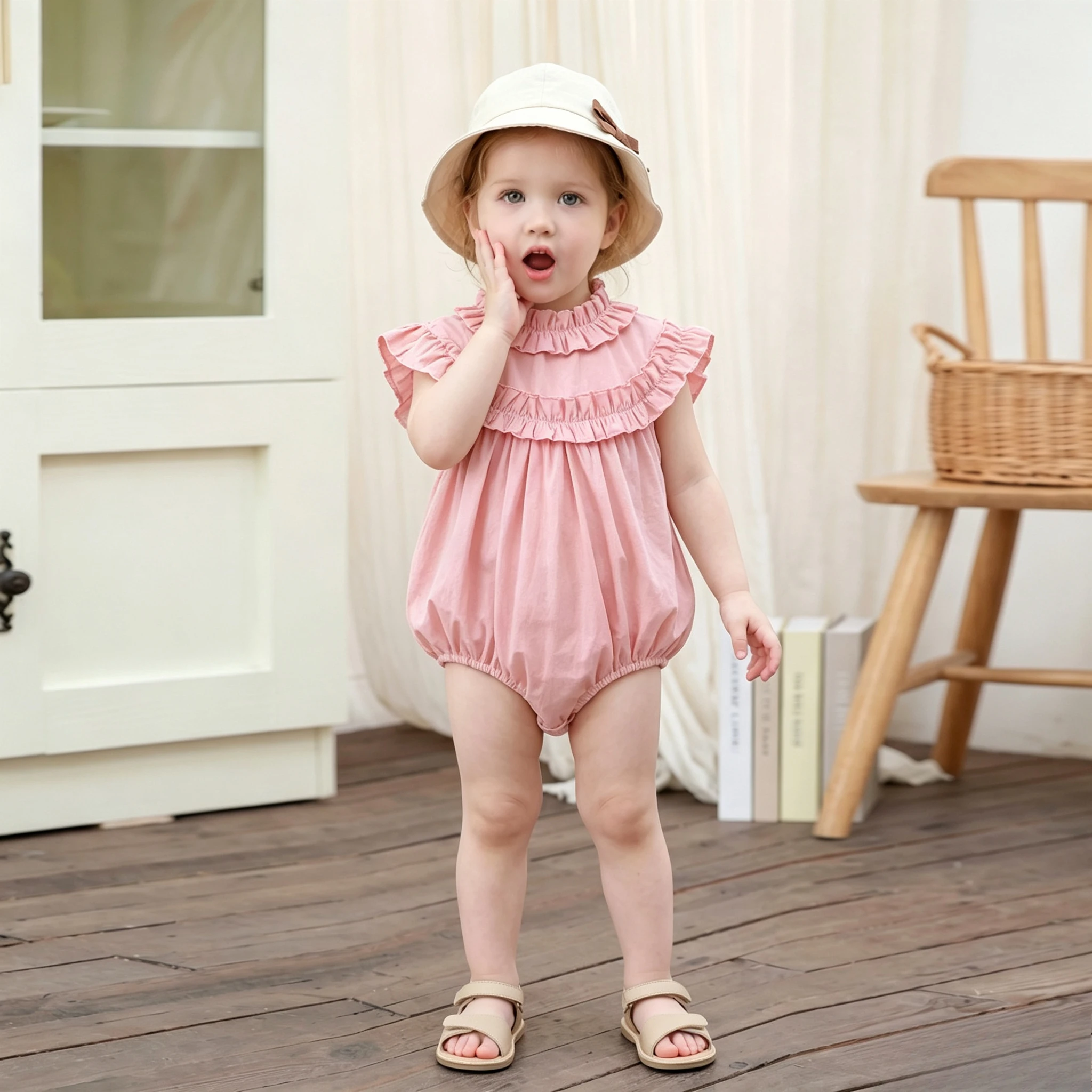 2026 Summer Light Girls Cotton Baby Sleeveless Ruffled Pink Cute Fresh Breathable Romper Sisters Outfit