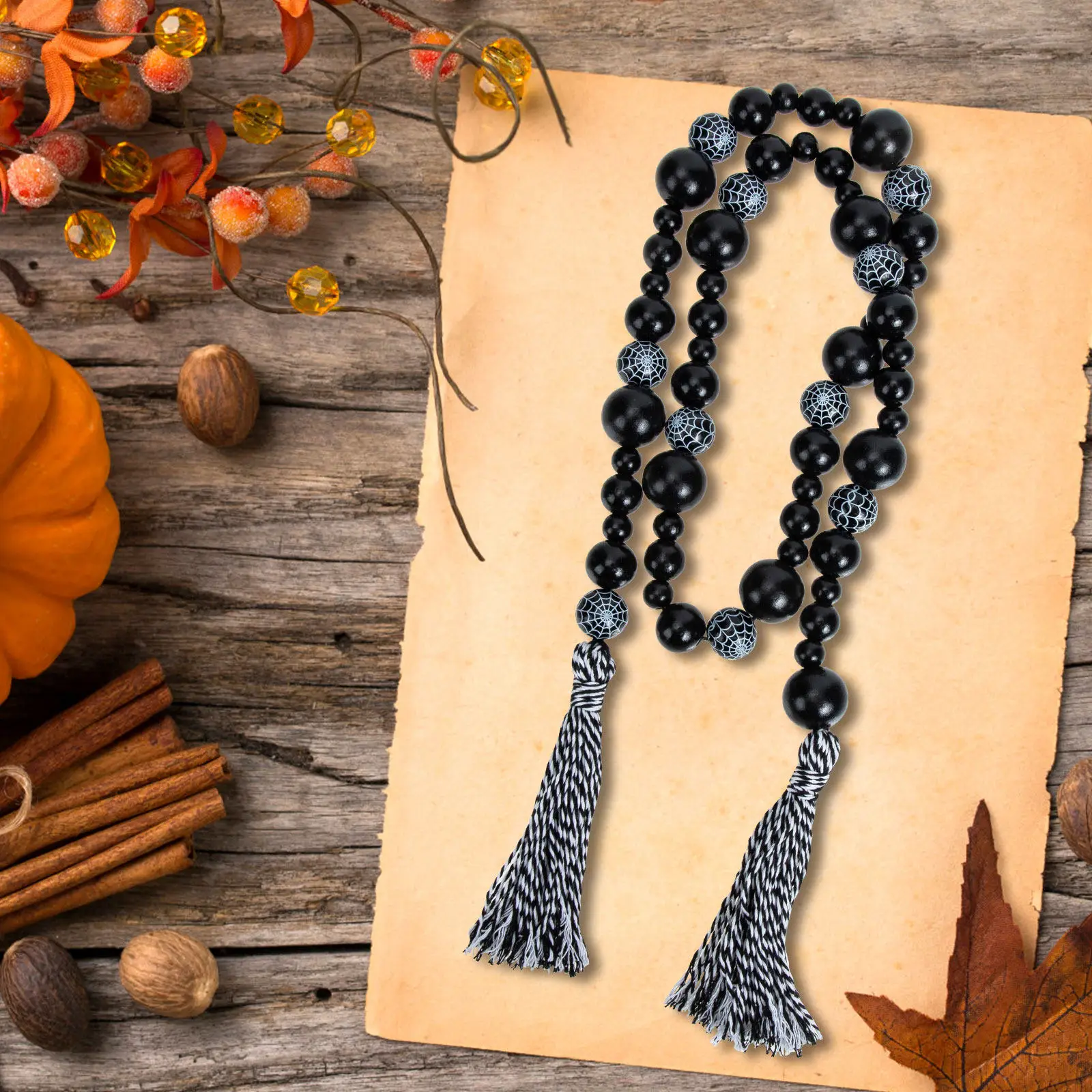 

Гирлянда из деревянных бусин на Хэллоуин: шикарная винтажная гирлянда из деревянных бусин с кисточками, настенное украшение, деревенский стиль, подвесное украшение из бусин