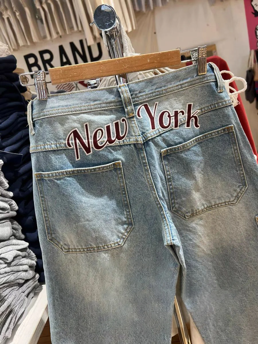 バックレター刺繍ジーンズ女性の夏の新綿ストレートズボン女性アメリカンヴィンテージストリートロングデニムパンツ Y2k