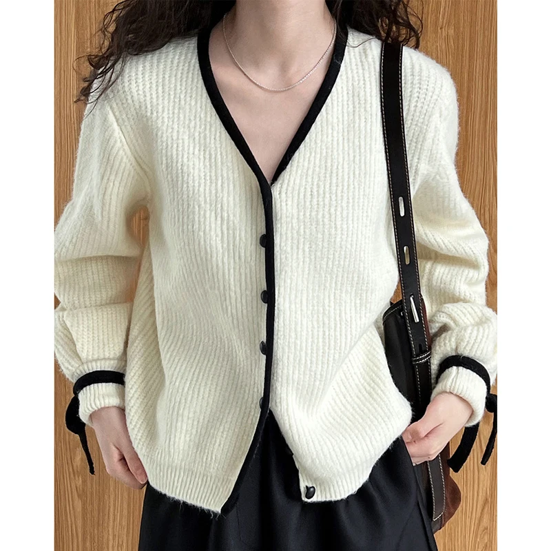 2023 Women New Autumn Knitted V-Neck Single Button Sweater Coat Cardigans Women Beige Sweater Tops Loose Style Coat