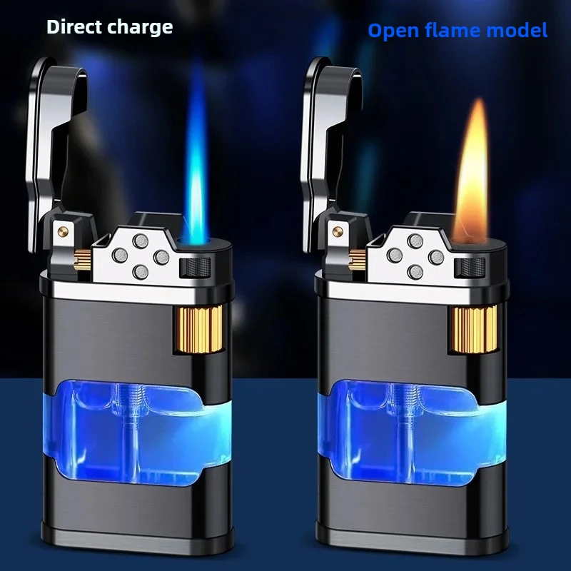 New Transparent Tank Blue Flame Gas Lighter with Light, Side-Sliding Igniter, Creative Festival Gift