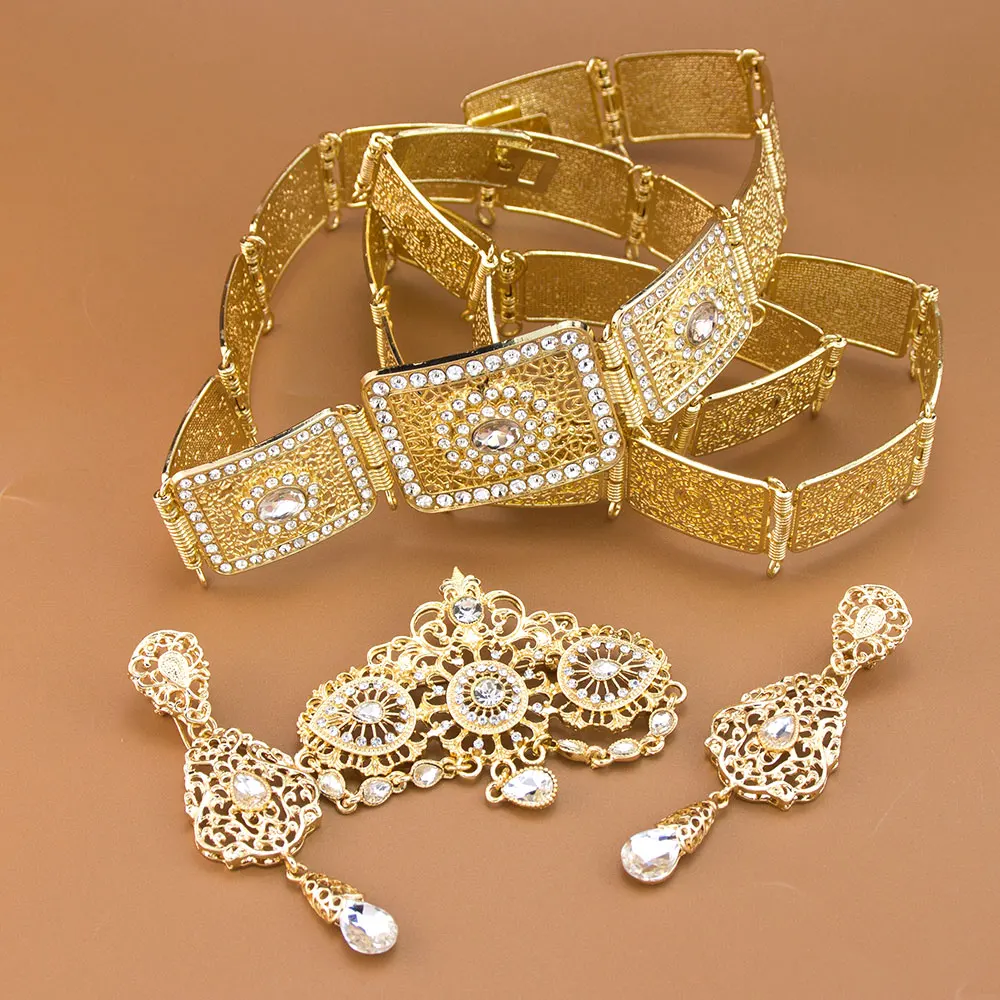 Sunspicems Elegent Morocco Bridal Jewelry Sets Caftan Belt Flower Brooch Pins Long Drop Earring Rhinestones Gold Silver Color