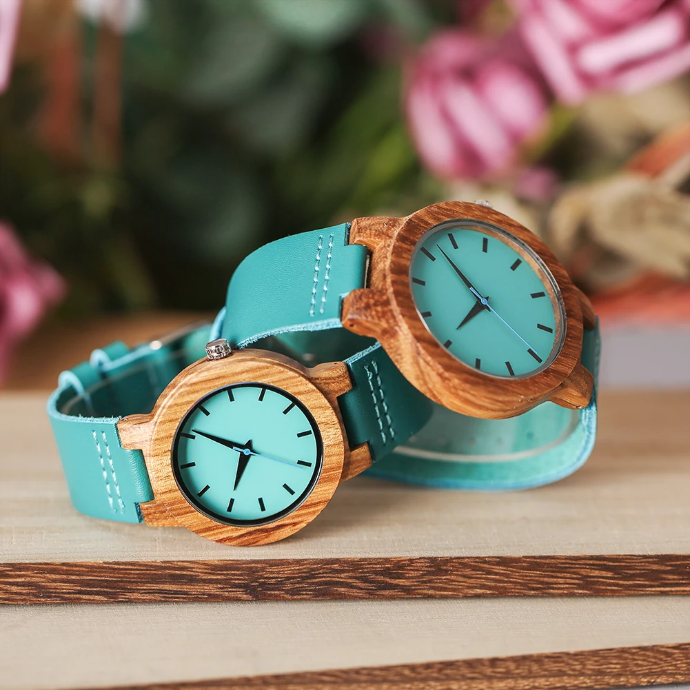 Minimalist Scale Blue Dial Quartz Wood Watches for Men Women Couple Styles Genuine Leather Lover\'s Wristwatches Zebrawood Watch