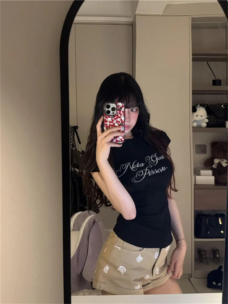 아메리칸 스타일 반팔 티셔츠 여성 여름 신상 패션 프린트 다이아몬드 레터 블랙 슬림핏 허리탑 트렌디
