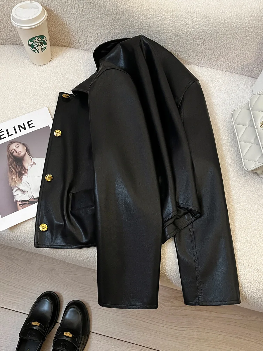 Autumn and winter women's casual solid color lapel long sleeved pocket decoration short jacket