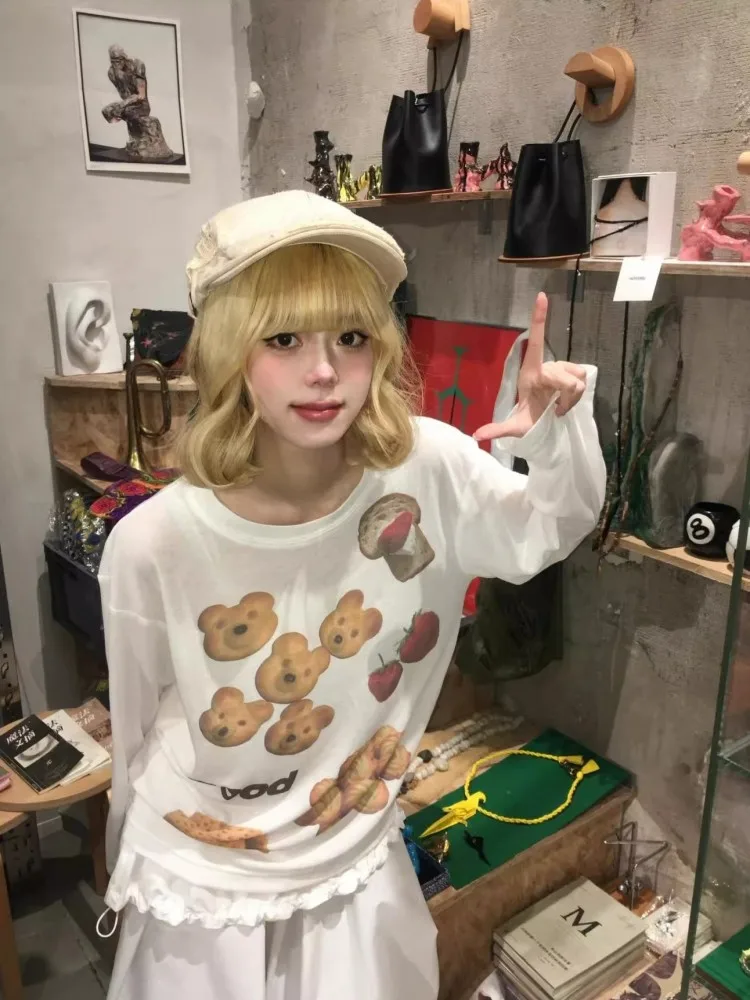 Hot Sale Korean Style Women Teddy Bear Dessert Print T-Shirts O-Neck Loose Fit Long Sleeve Thin Sunscreen Cover Tees Casual Tops