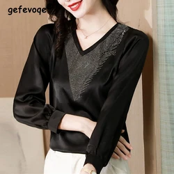 Women Korean High Quality Satin Rhinestone Blouses Office Lady Elegant Black Shirts Autumn V Neck Long Sleeve Tops Blusa Mujer