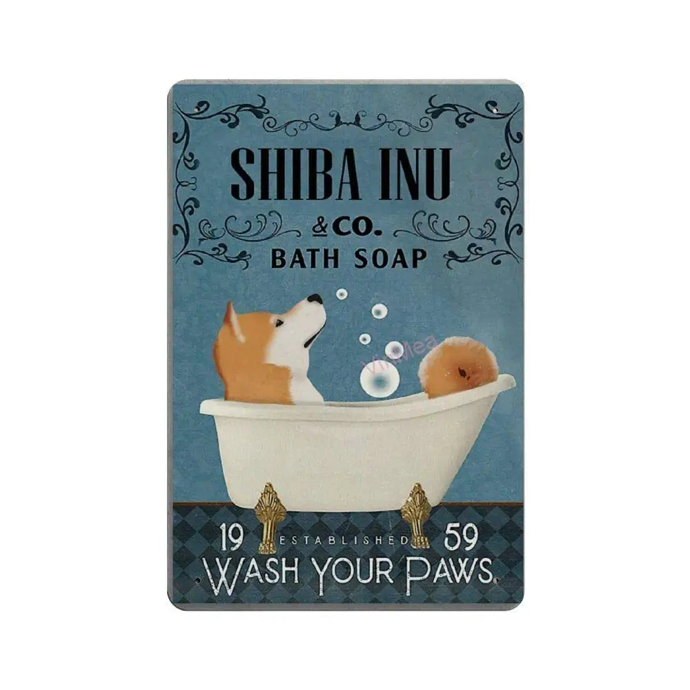 SIGNSHM Shiba Inu in Bathtub Bath Soap Retro Metal Tin Sign Plaque Poster Wall Decor Art Shabby Chic Gift Suitable 12x8 Inc sign