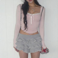 CLBBAR Cute Bandage Bow Cropped Top Pink Sweet Coquette Sweet T Shirts Fall Spring Casual Square Collar Tees Women y2k Aesthetic