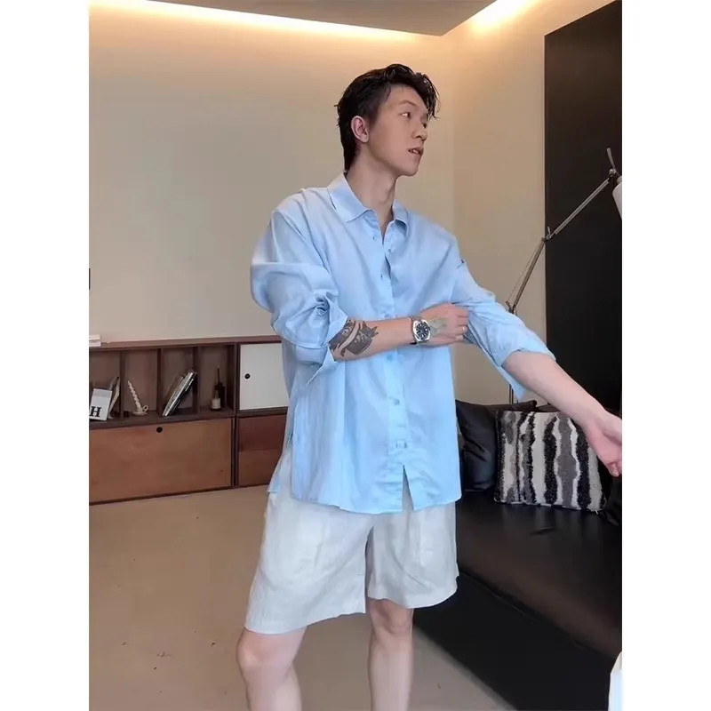 Loose Fit Long Sleeve Men's Shirt Summer Lightweight Casual Style Blue Polyester Fabric Comfortable Breathable Button up