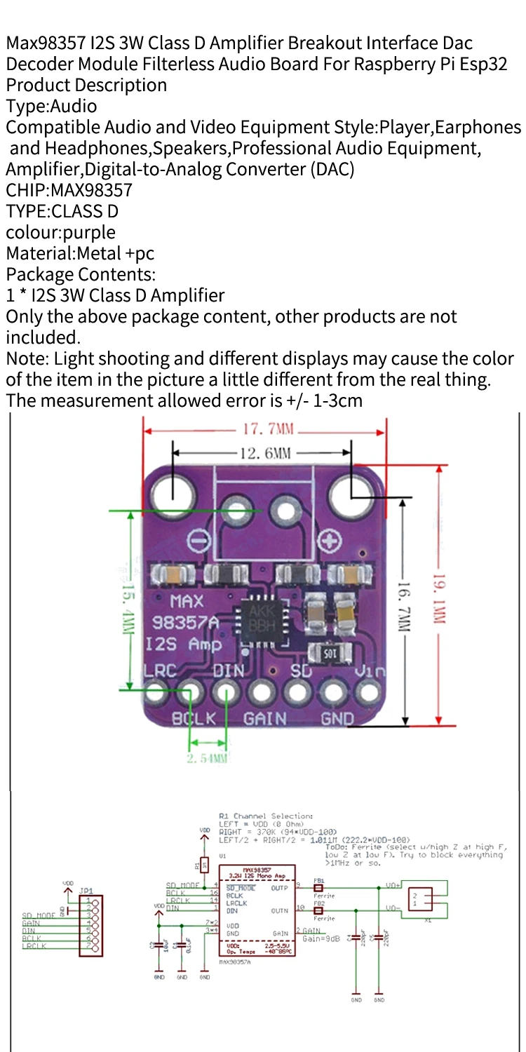 Snvi MAX98357A I2S Audio-Verstärkermodul DAC 3W Klasse D I2S DAC-Modul Filterloser Verstärker für ESP32 ESP8266 Raspberry Pi – Detail 1