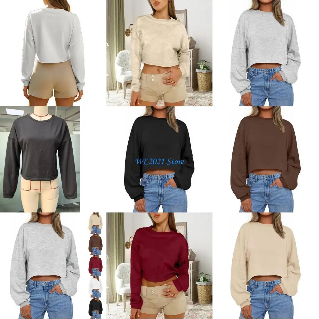

G5GC Women's cropped sweatshirt, loose-fitting neck sweater, long-sleeved top