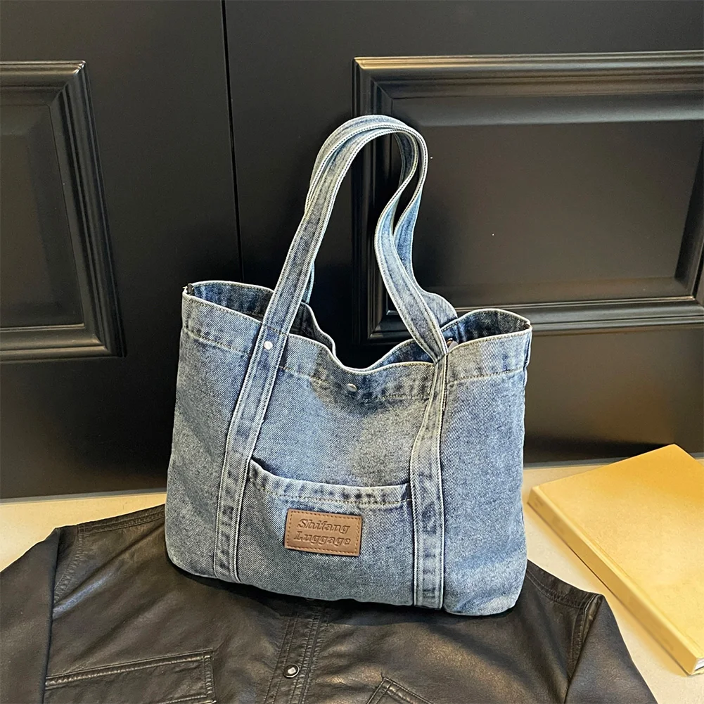 

Women Denim Shoulder Bag Casual Underarm Bag Large Capacity Trendy Hobo Bag Hasp Closure Vintage Tote Bag Outdoor Travel Bag