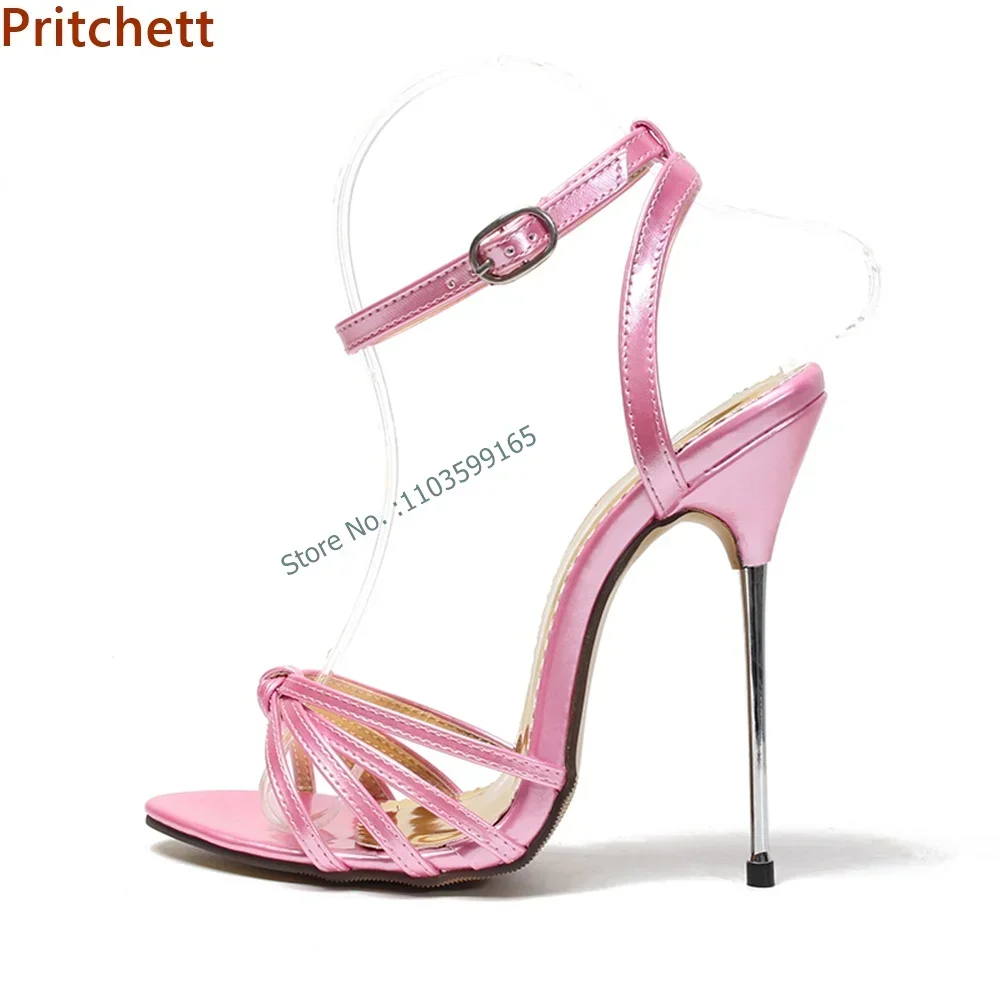 

13 Cm Twist Thin Heel Sandals Pointy Toe Ankle Band Buckle Strap Metal Heel Solid Black Slingback Summer Women's Runway Shoes