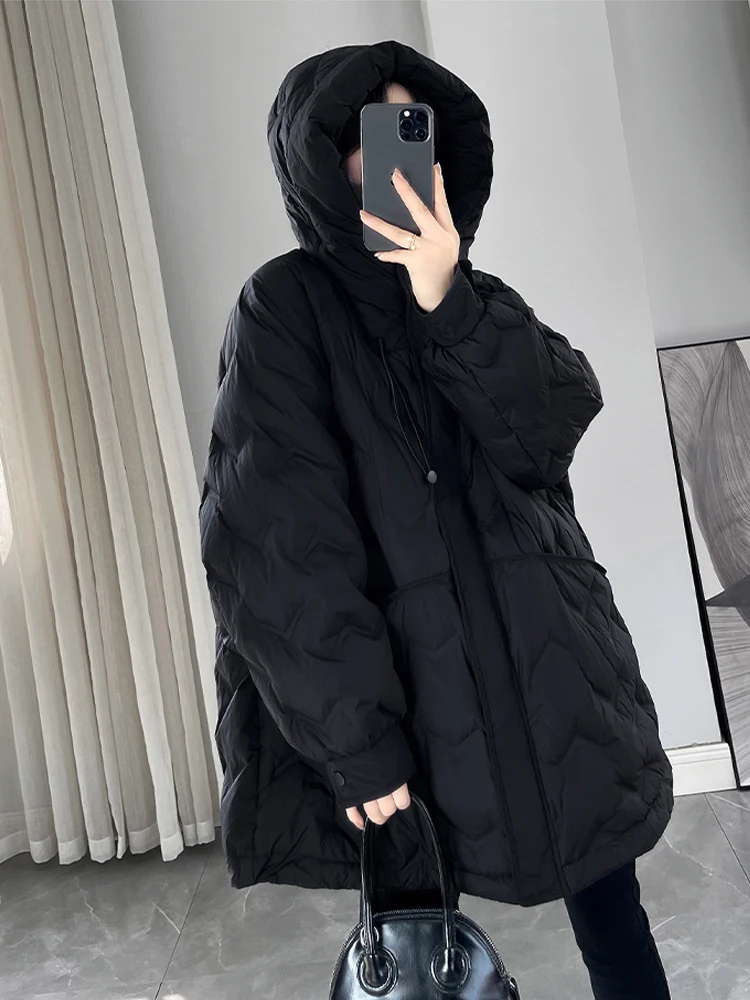 Hooded down jacket Oversized Warm Women 2024 Autumn winter Brown Long sleeve 90% white duck down coat Outwear Female INKEO 3O352