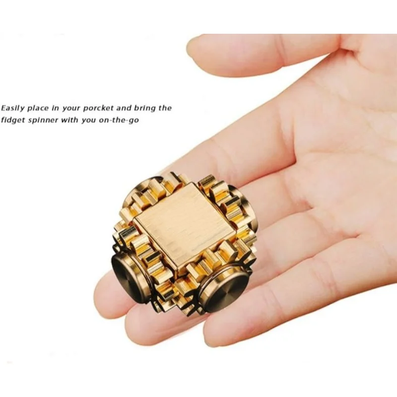 Brass Cube Linked Gear Fidget Spinner EDC Rotation Toy Precision Hand Gyro Stress Relief Meditation Focus Fun Novelty Party Gift
