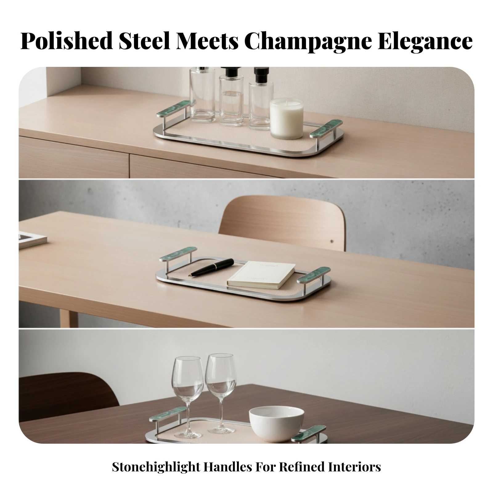 Rectangular Serving Tray Mirror-Finish Stainless Steel Tray Platter Polished Rounded Corners for Hosts, Coffee Table