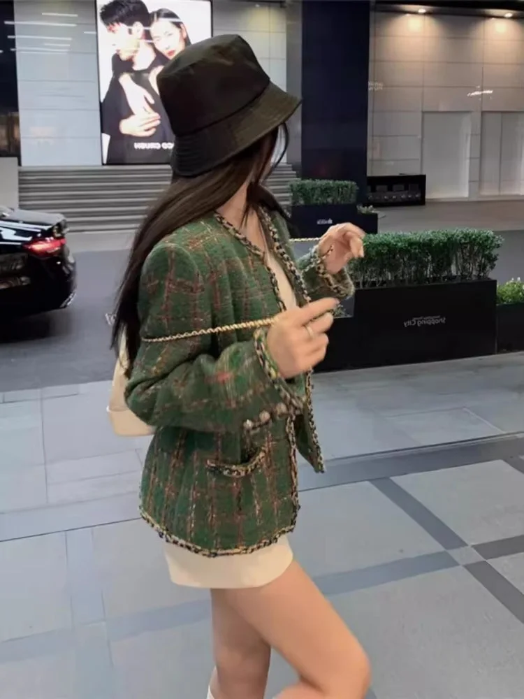 Office Ladies Fashion Elegant Tweed Jacket V-Neck Long Sleeve Spring Autumn Casual Outerwear New Designer Women Plaid Jackets