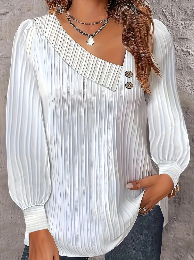 Plus Size Women Pleated Simple V-neck Button Long Sleeve Blouse Top Autumn Casual Fashion White Loose Office Lady Blouses Tops