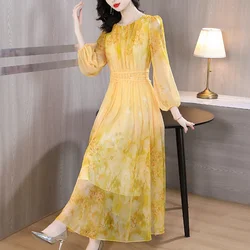 2024 Floral Silk Long Sleeve Luxury Maxi Dress Women Elegant Bodycon Prom Dress Spring Summer Korean Fashion Party Evening Dress