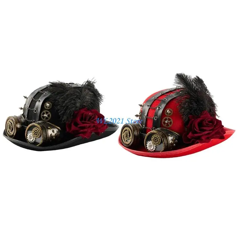

G5GC Gothic Costume Hat With Goggles Gear Chain Rose Decors Gothic Headwear Magicians Hat For Cosplay Event Gathering Wear