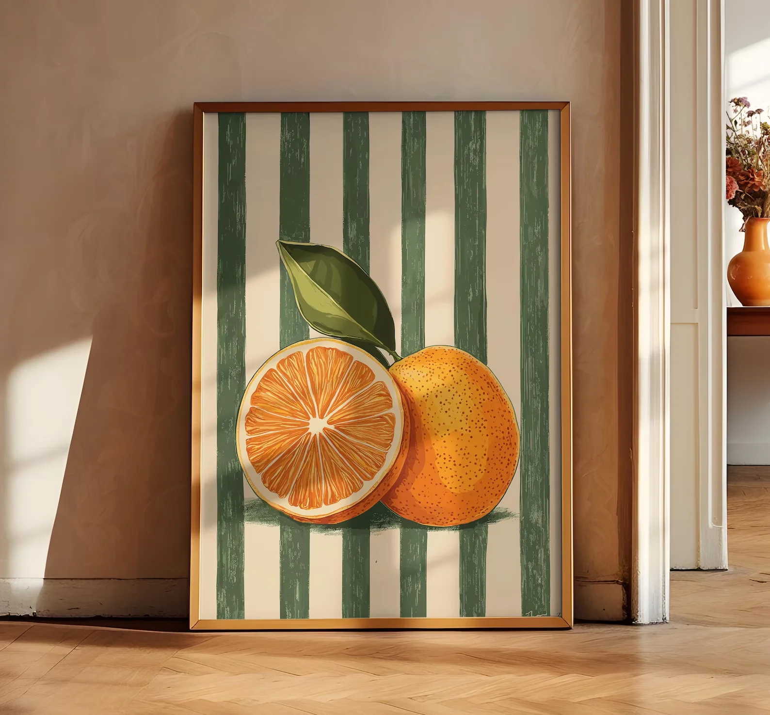 1pc frameless Canvas Painting Retro Orange Citrus Wall Art, Green Striped Fruit Print, Aesthetic Kitchen Dining Room Decor