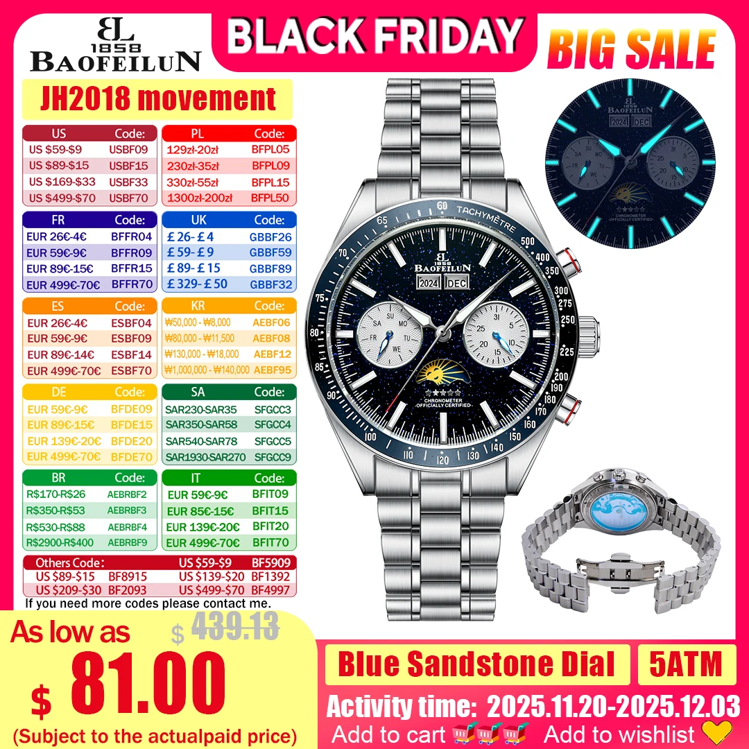 

BAOFEILUN Moonwatch Style Automatic Watch Full Calendar 42MM Galaxy Dial Mineral Crystal 30M Waterproof Luxury Reloj Hombre Gift