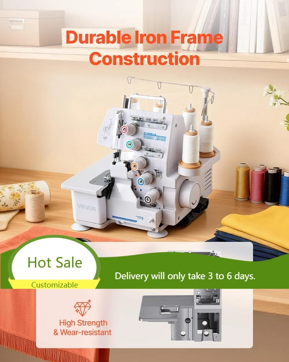 Serger Overlock Sewing Machine 1250SPM 2-3-5 Thread LED Light Heavy Duty Metal Frame for Fabrics White