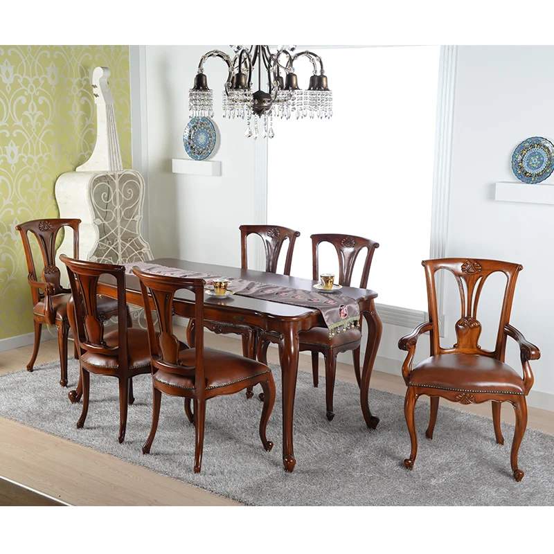 European Eating Dining Table and Chairs Mahogany Solid Wood Carving American Dining Table and Chairs Dining Room Furniture