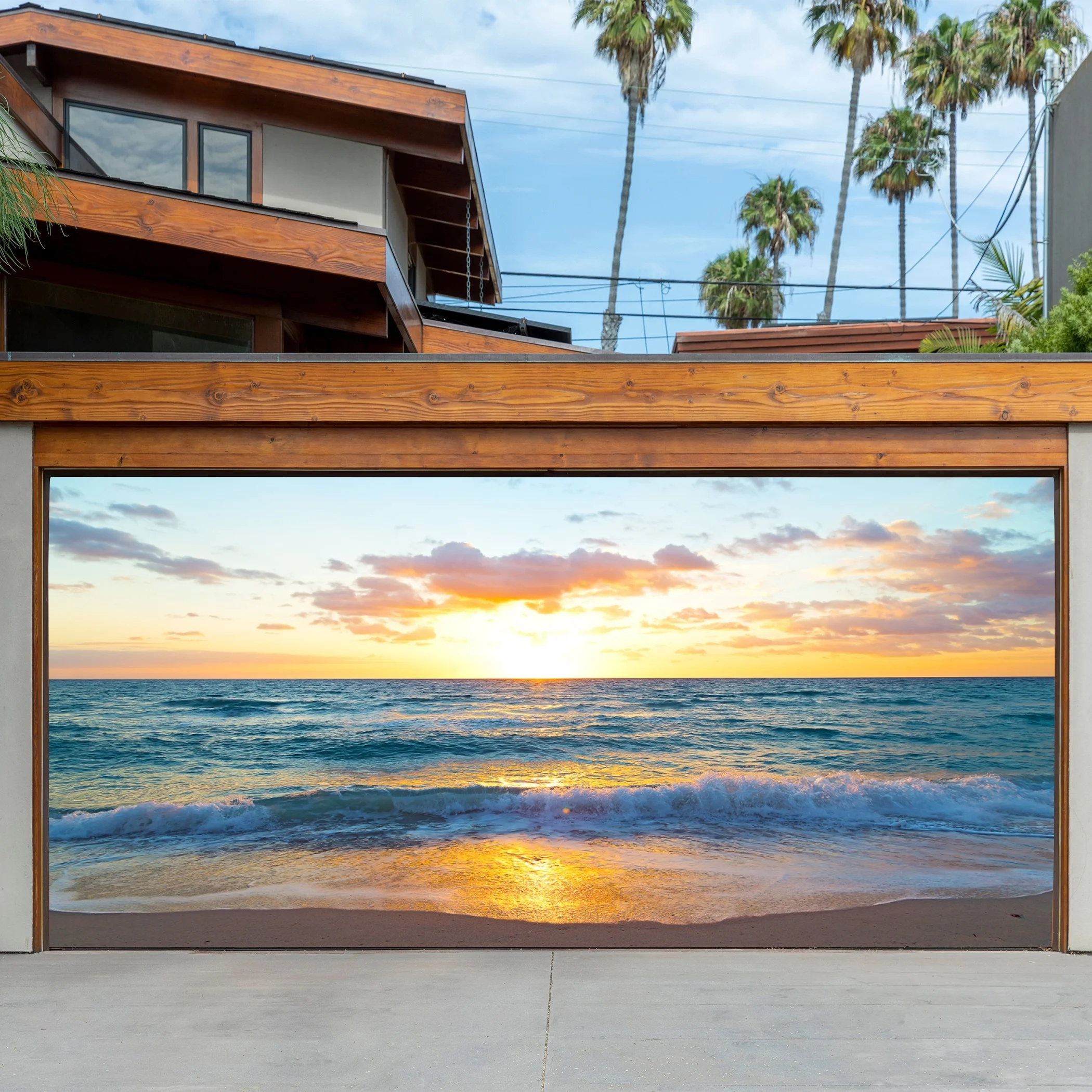 Single-piece Garage Door Tapestry with Seaside Scenery Pattern, All-Polyester Printed Fabric, 18ft*9ft Large Size for Villa, War