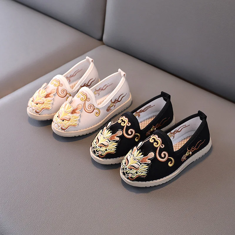 Comfortable Boys Shoes Chinese Style Dragon Embroidered Cotton Cloth Shoes for Boy Flat Ancient Soft bottom Perform Shoes Kids