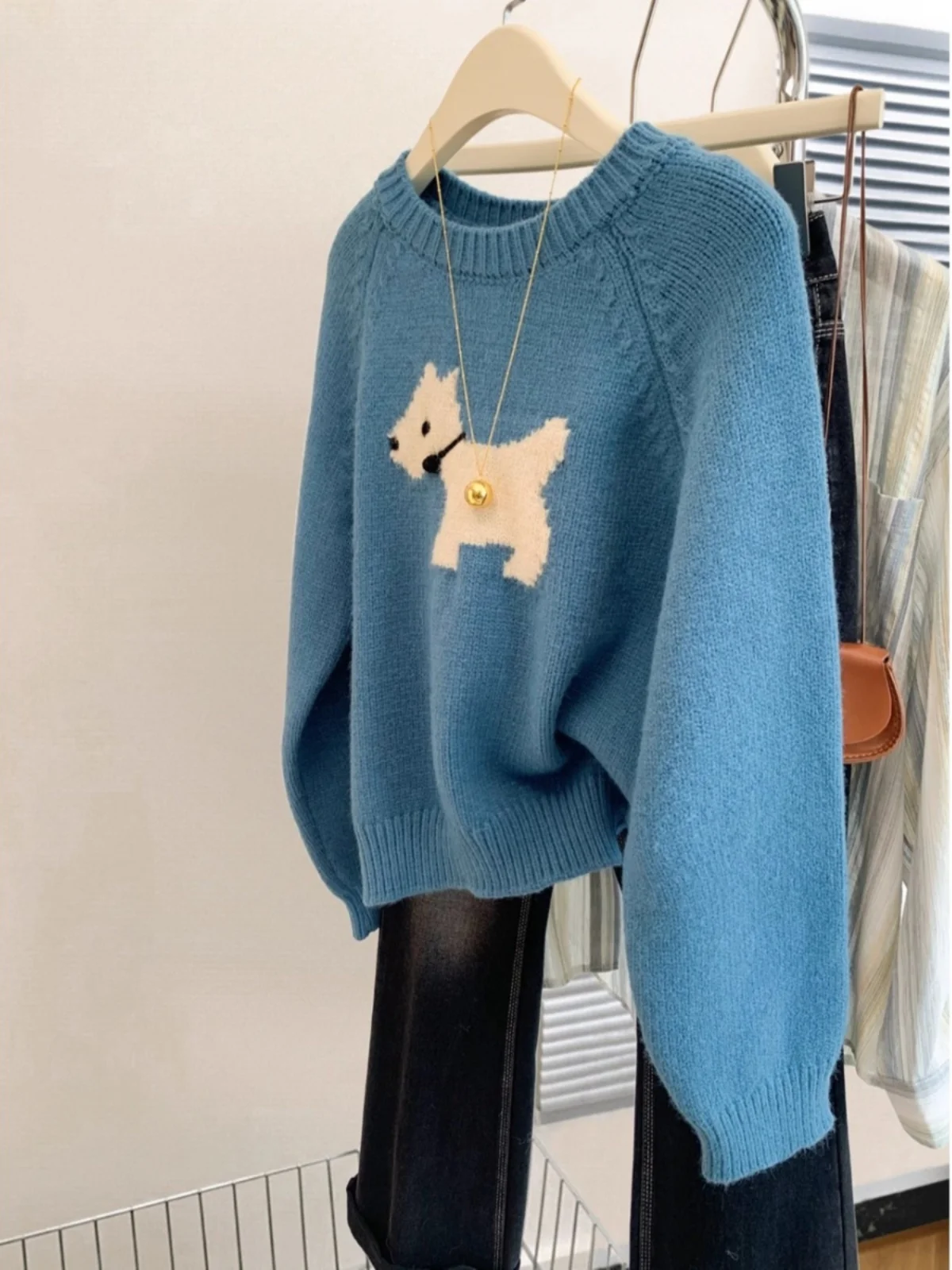 

Синий вязаный ор-свитер, женский пуловер с рисунком собаки, цветок, весна-осень, корейский утягивающий топ, повседневный свободный крой, длинный ...