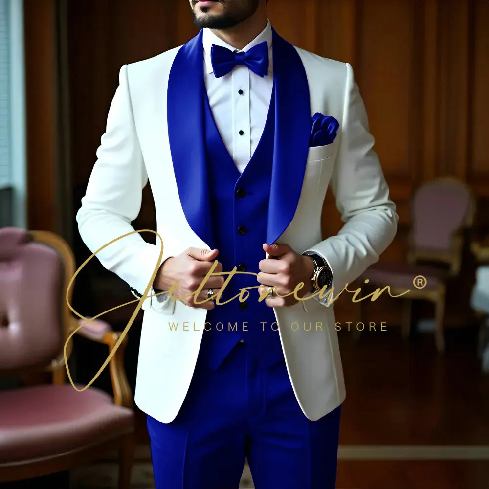 Trajes blancos De 3 piezas para Hombre, chal ajustado con solapa, ropa Formal para padrino De boda, conjuntos con americana, esmoquin para fiesta, Trajes De Hombre