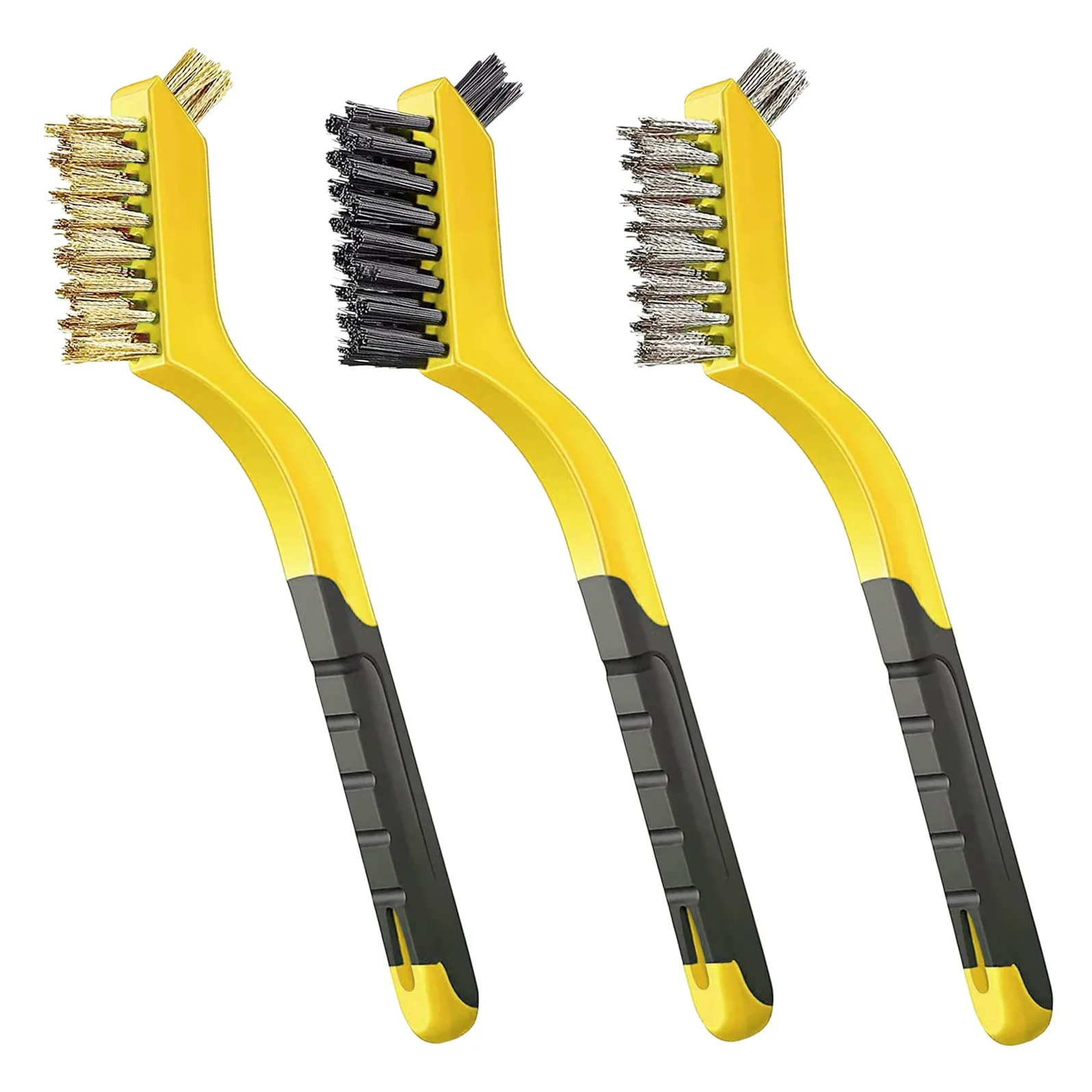 3 Pcs Wire Brush Set Nylon/Brass/Stainless Steel Bristles with Curved Handle Grip for Rust, Dirt & Paint Scrubbing