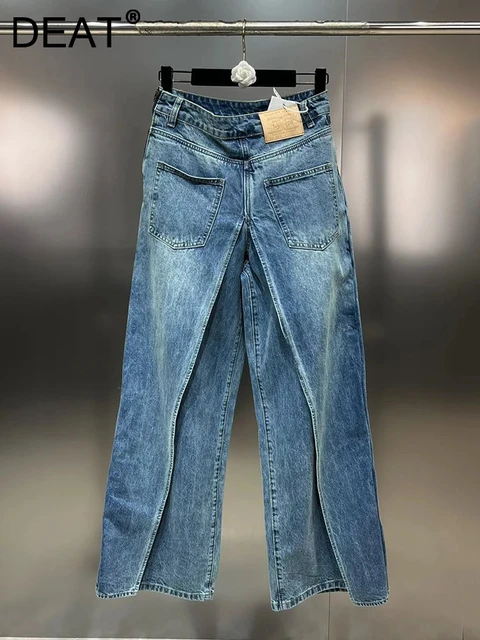 DEAT Vintage Fashion Women s Spliced Fake Two piece Jeans 2024 Autumn Trendy New Items High Waist Denim Pants Female 11XX7815 AliExpress