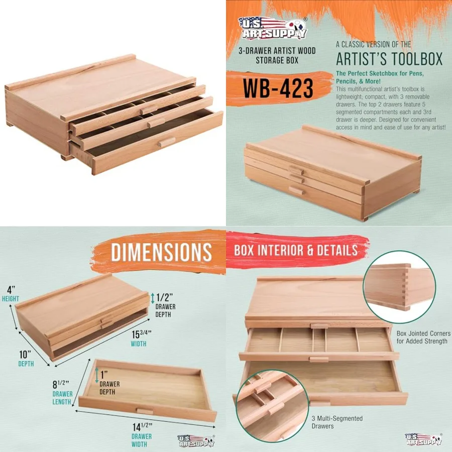 

Ящик для художественных принадлежностей с 3 ящиками и 5 отделениями в каждом ящике - ящик из твердой древесины для художественных принадлежностей, кистей, карандашей, ластиков и т.д.