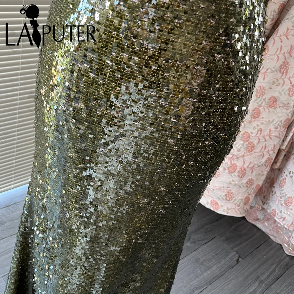 Olive สีเขียวเลื่อม Mermaid Evening Dresses ปิดไหล่ Empire Party ชุดชื่อเสียงสีดํา Tulle Mermaid Decent สีเขียวชุดราตรี