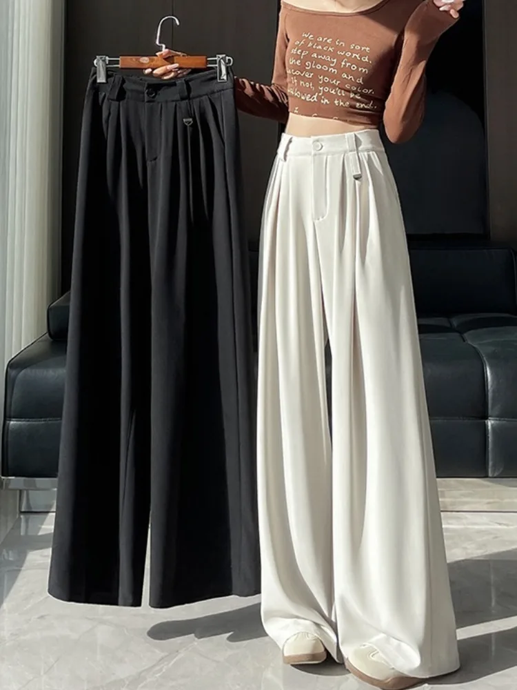 

Уникальные зимние женские брюки с высокой талией и широкими штанинами, повседневные белые брюки-костюм в корейском стиле, прямого кроя