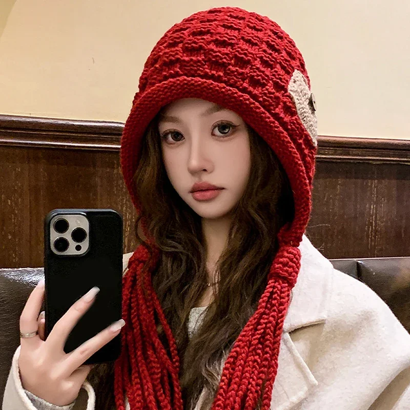 قبعة محبوكة يدوية للنساء شتاء دافئ قبعة حماية الأذن سيدة أنثى الكورية الكروشيه البلوز القبعات