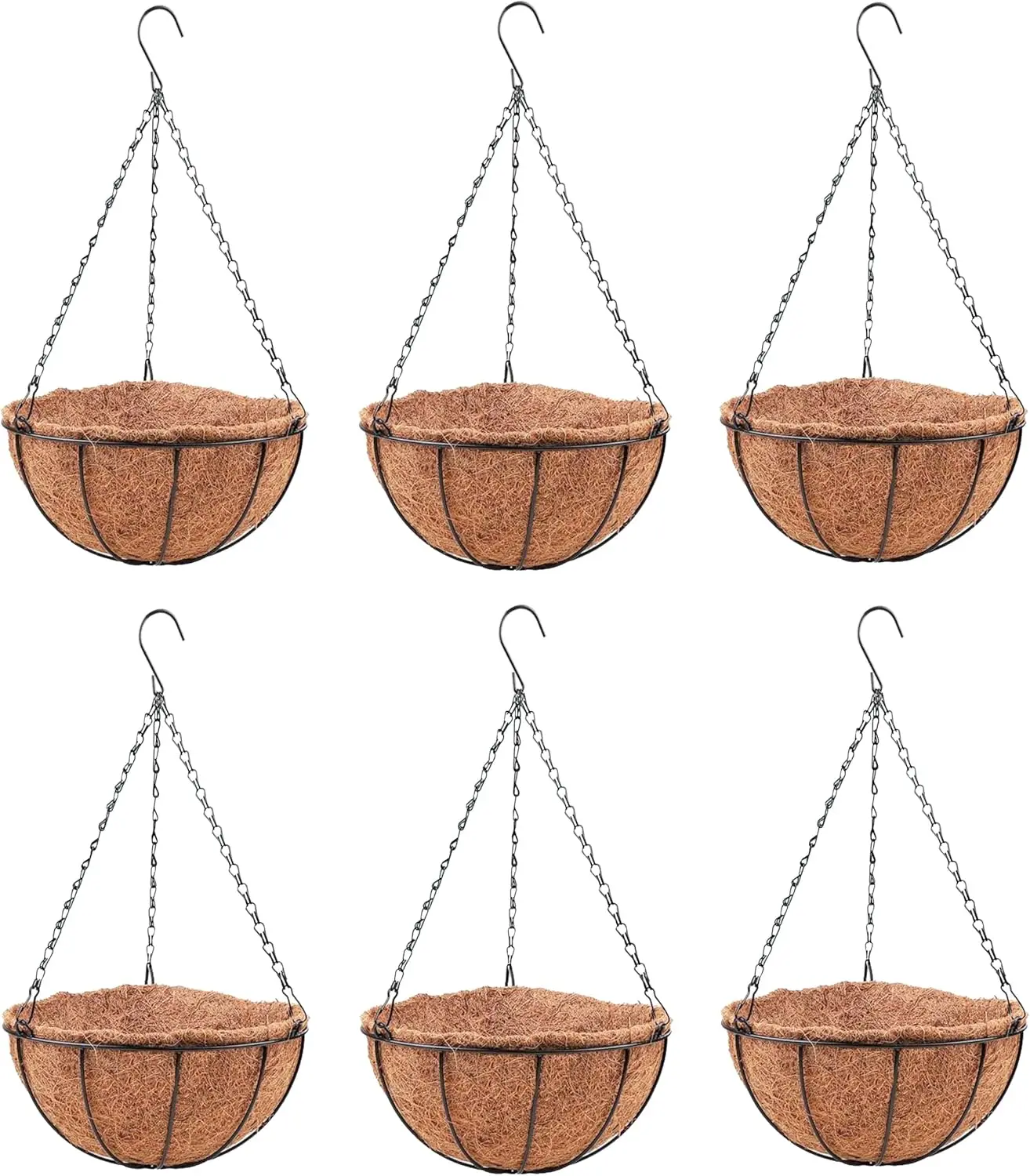 6 Pack Hanging Planters (14") Black, Metal with Metal Wire for Outdoor, Balcony, Garden, Porch, Deck Plants
