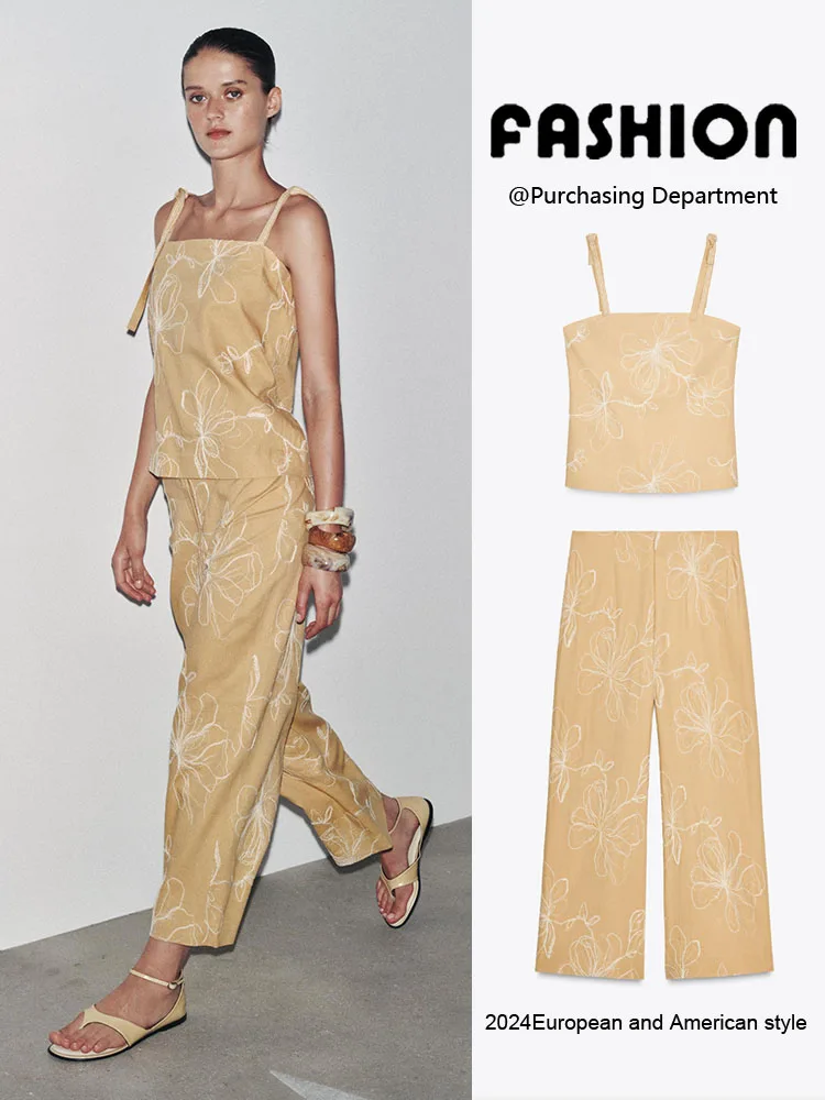 New Summer Women's Strap Tops Casual Long Pants Ethnic Stage Costume V-Ne Svel Faionable Women's Clothing